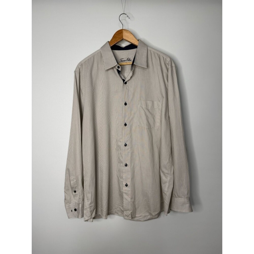 Tasso Elba Men’s Long-Sleeve Button Down Shirt - Light Taupe Pinstripe XL